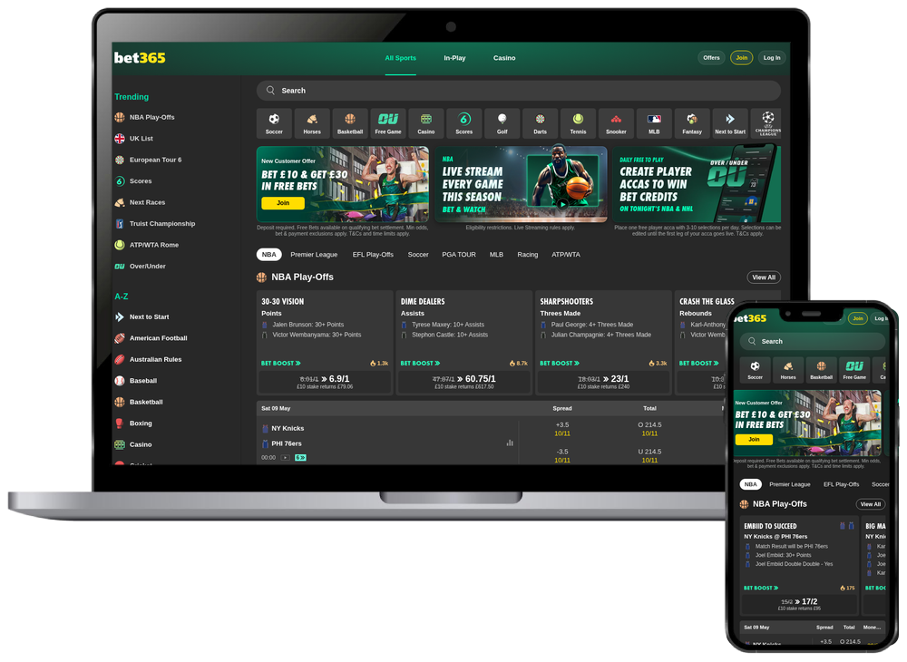 Bet365 homepage shown on desktop and mobile screens