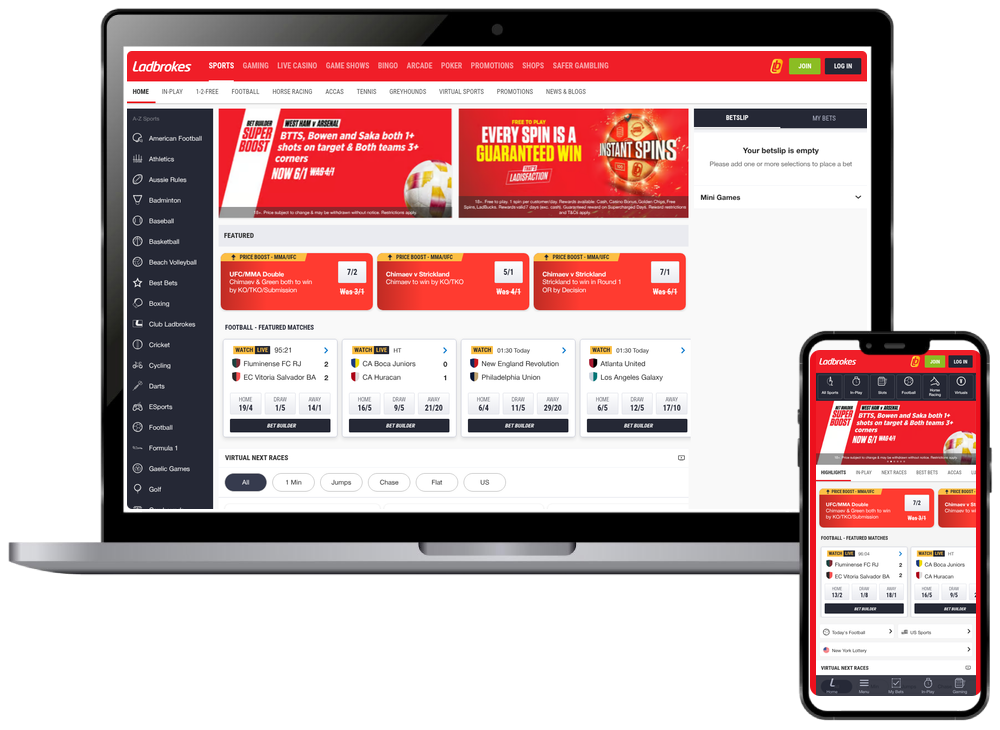Ladbrokes sportsbook homepage shown on desktop and mobile screens