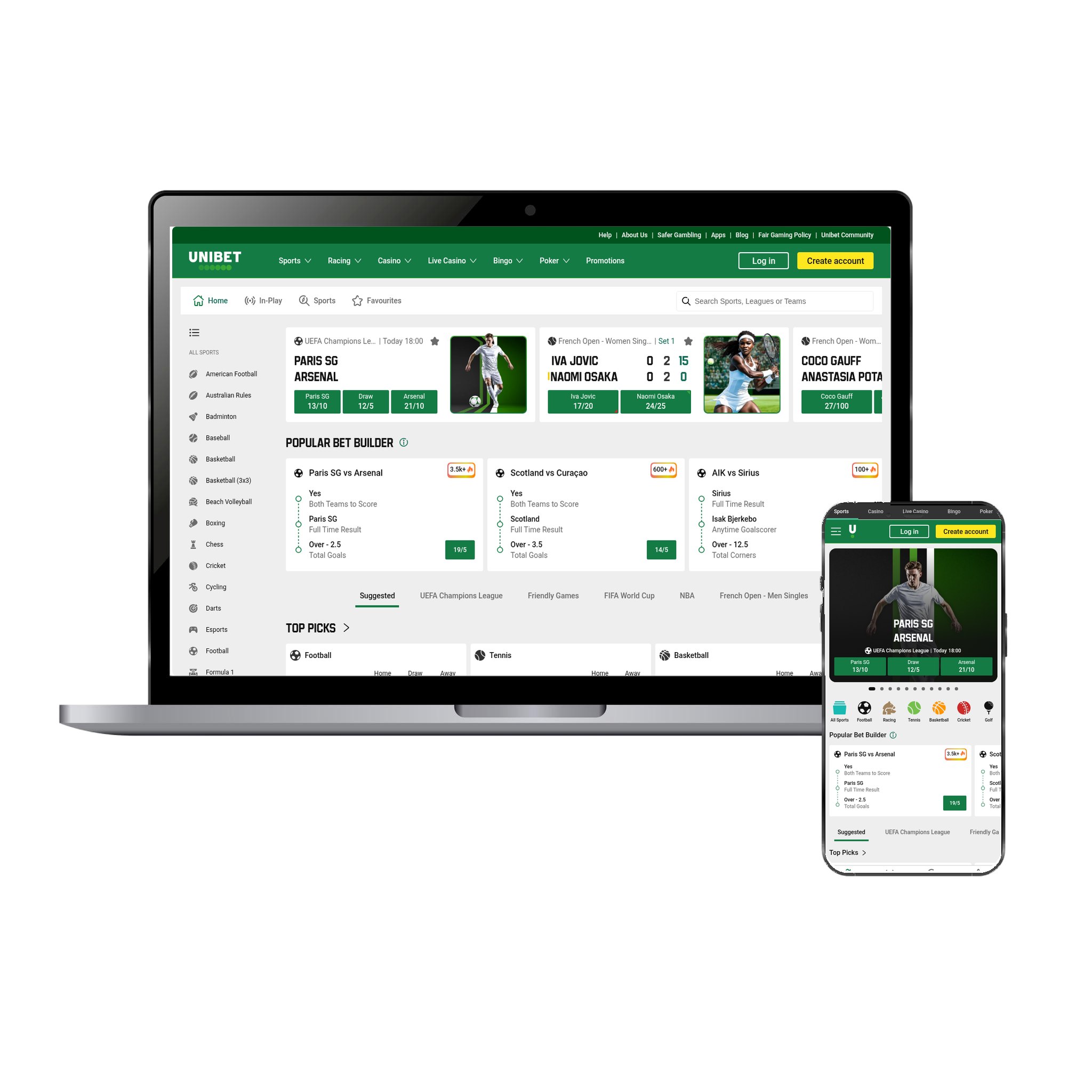 Unibet sportsbook homepage shown on desktop and mobile screens