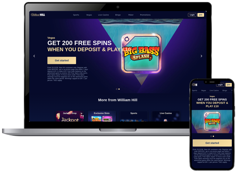 William Hill homepage shown on desktop and mobile screens